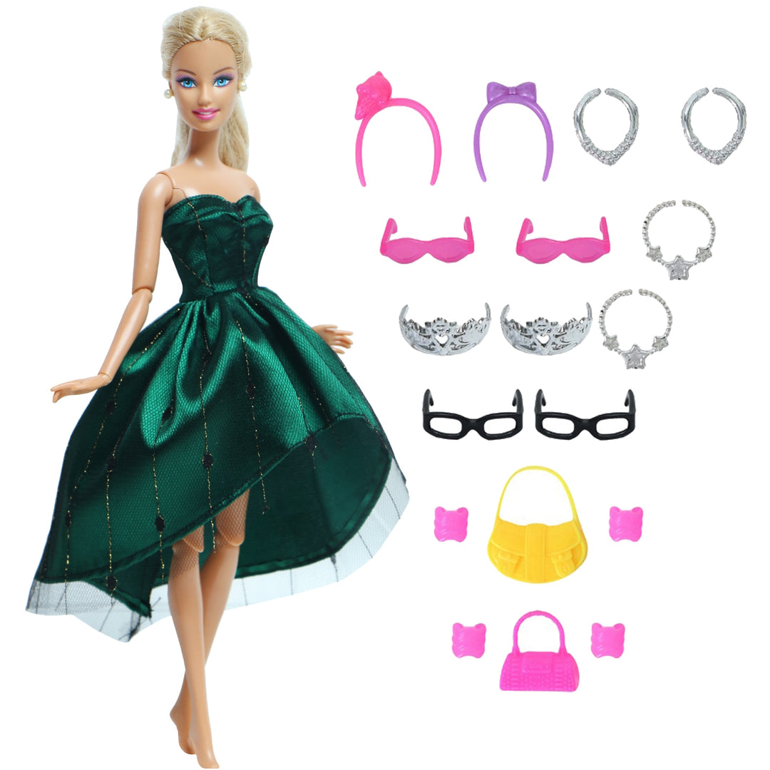 14 Pcs / Lot = 1x Fairy Tale Doll Dress + 13x Random Accessories Shoes Handbag Glasses Clothes for Barbie Doll Baby Girl Toys