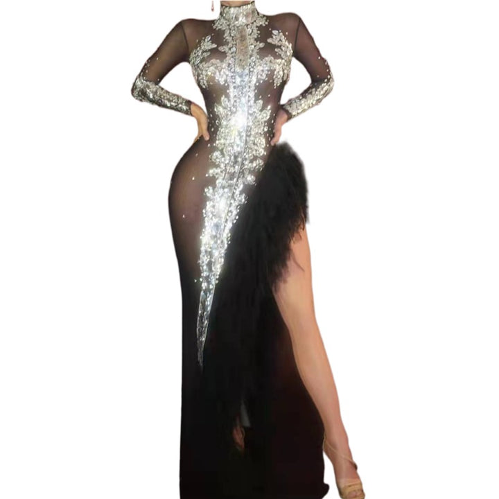 Black see through mesh crystal sequins wedding party dress high slit evening gown