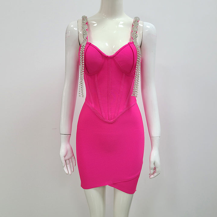 Crystal strap knitted women rhinestone party wear bodycon mini dress