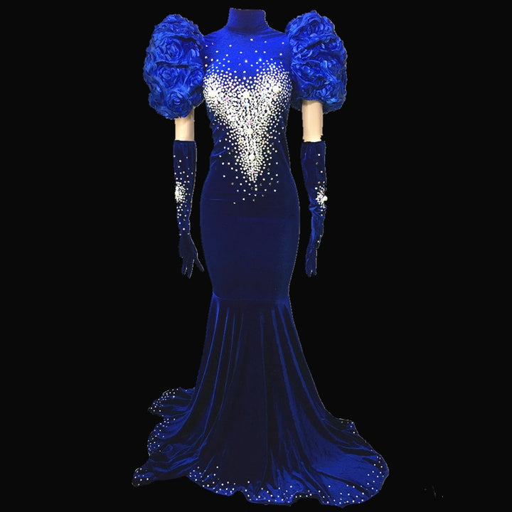 Luxury backless blue velvet pearls crystal wedding mermaid womens evening gown