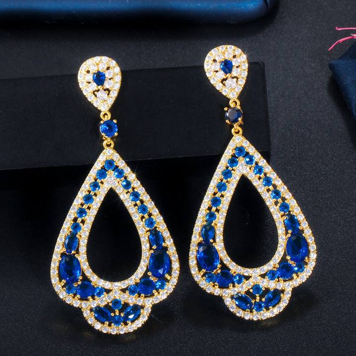 Full micro cz crystal 18k gold color womens wedding luxury long earring jewelry