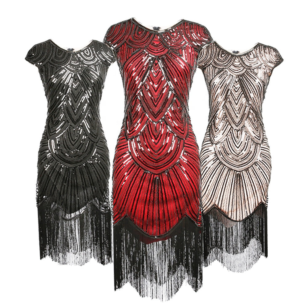 Woman elegant formal evening beaded mini tassel sequined fringed mini dress