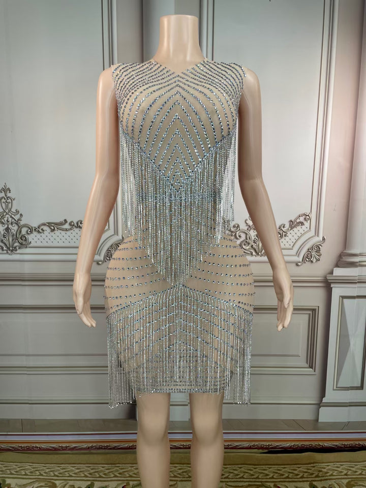 See through mesh rhinestone tassel bodycon womens short dress