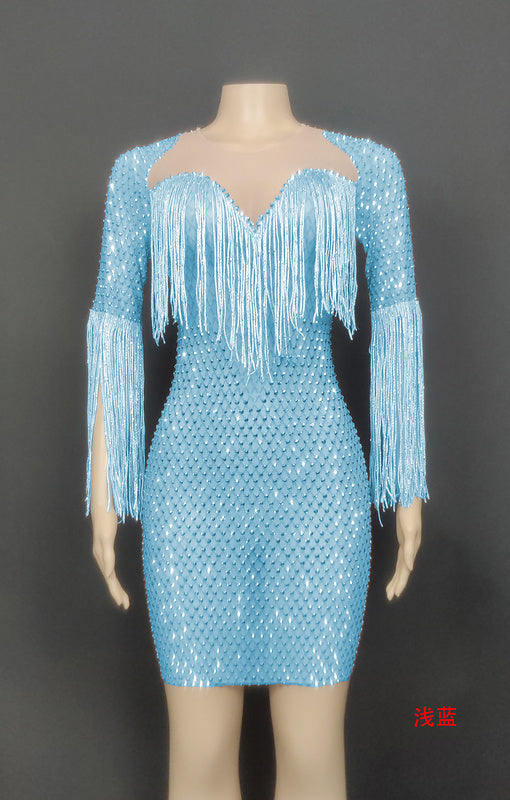 Crystal diamonds tassels women clothing sheath low cut see through luxury party gown