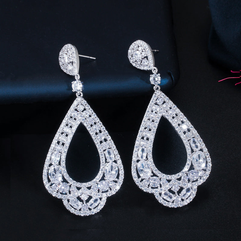 Full micro cz crystal 18k gold color womens wedding luxury long earring jewelry