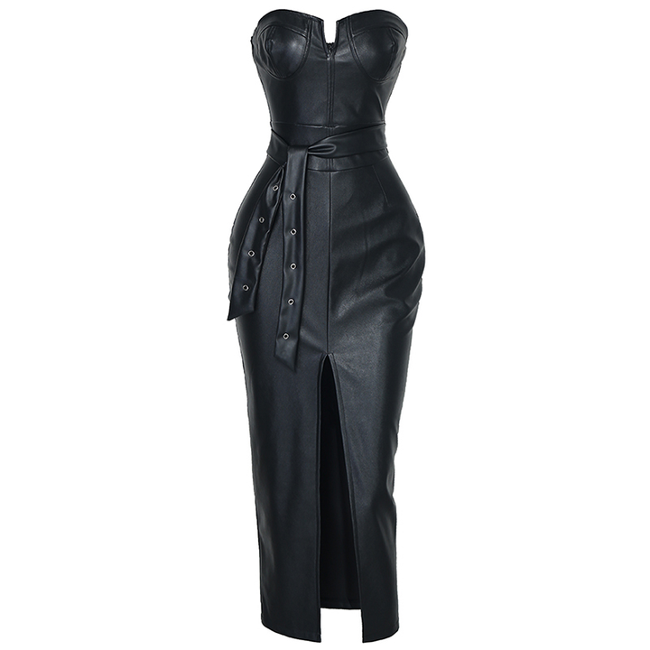 Srapless black pu leather maxi backless tight evening dress