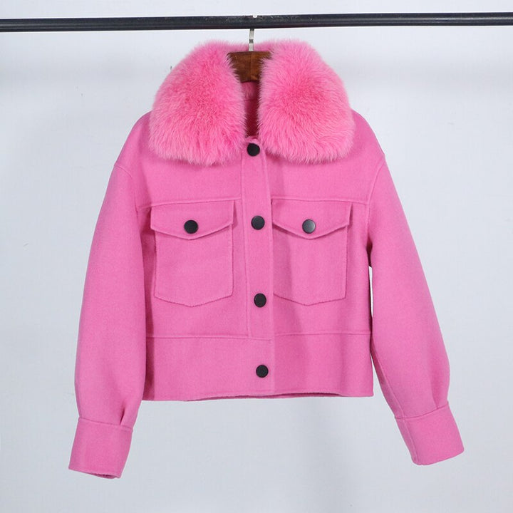 Wool blend womens winter jacket real fur collar pockets outwear