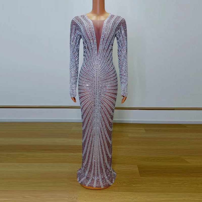 Womens dress shiny sequined crystal appliqued long gown