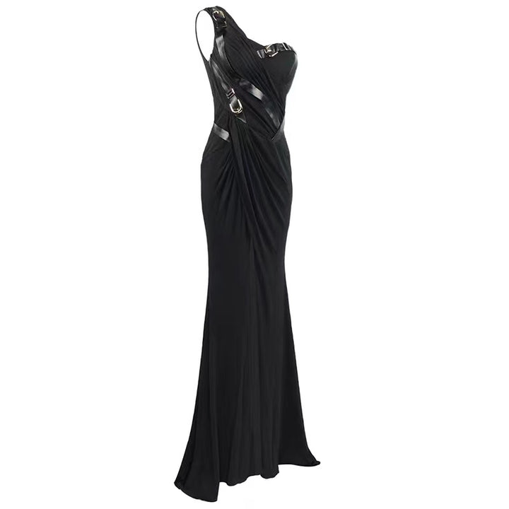 One shoulder sleeveless black mermaid slit long womens dress