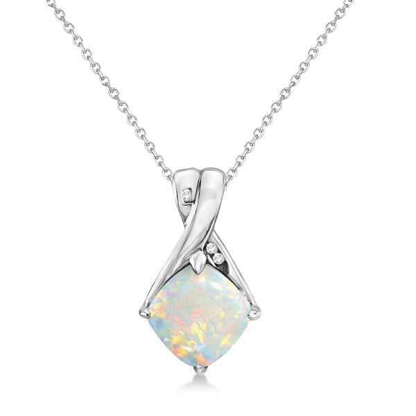 Diamond and Cushion Opal Pendant Necklace 14k White Gold (1.36ct)