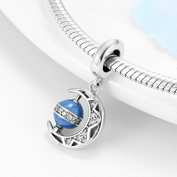 Silver clear cz curved moon blue planet rotatable pendant charms for bracelet-jewelry