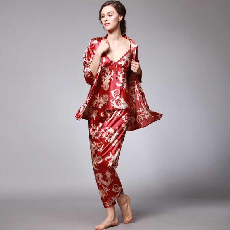 Dragon phoenix print men silk satin couple pajamas sets