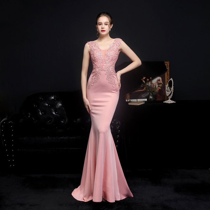 Transparent mesh long pink satin backles dress ladies formal