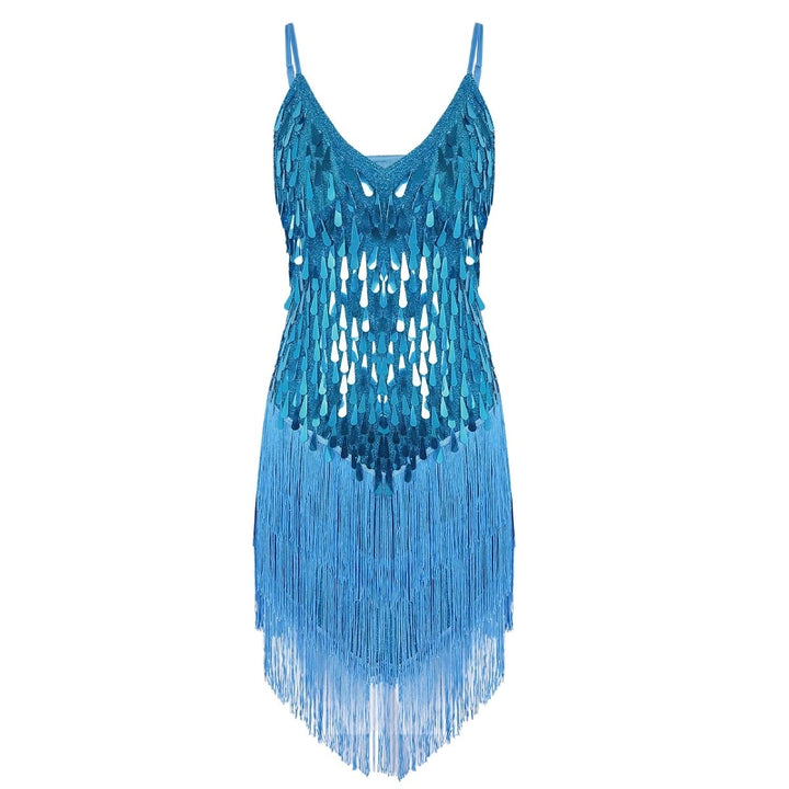 Women spaghetti straps sparkling sequins fringe dance party dress gowns