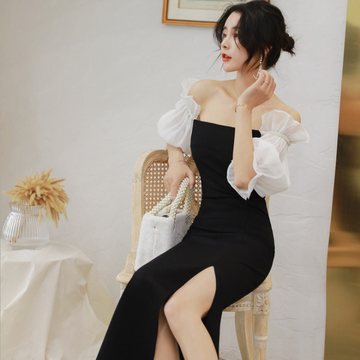 Elegant gown dress womens backless lantern sleeve