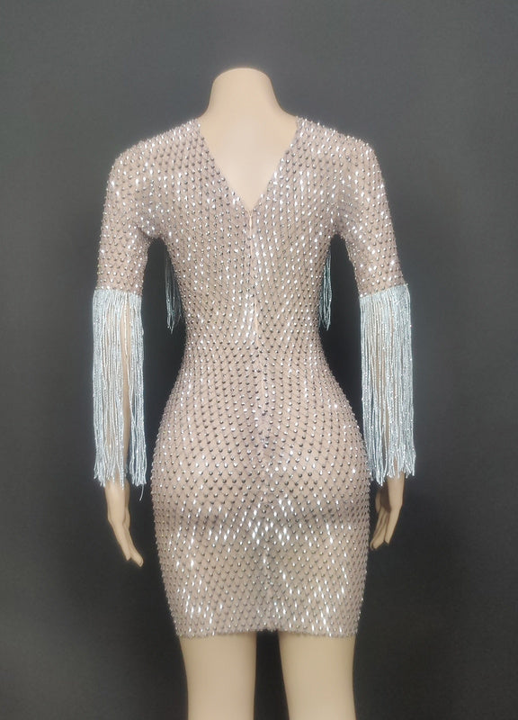 Crystal diamonds tassels women clothing sheath low cut see through luxury party gown