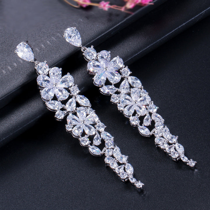 Multi colored flower cubic zirconia crystal 8 2 cm long earrings bridal jewelry