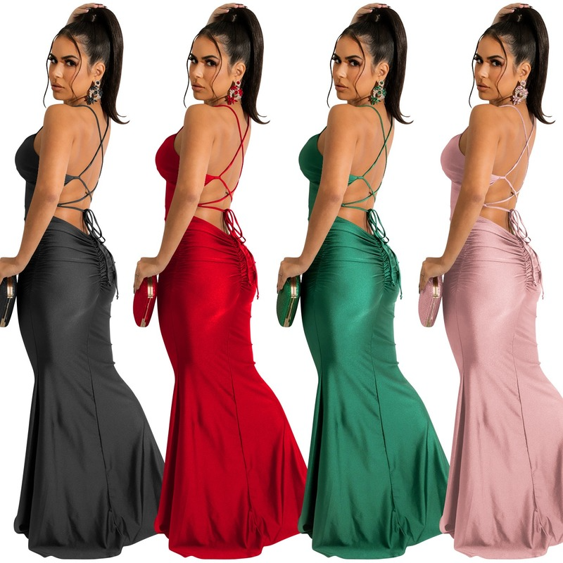 Women satin long midi dress sleeveless backless elegant party