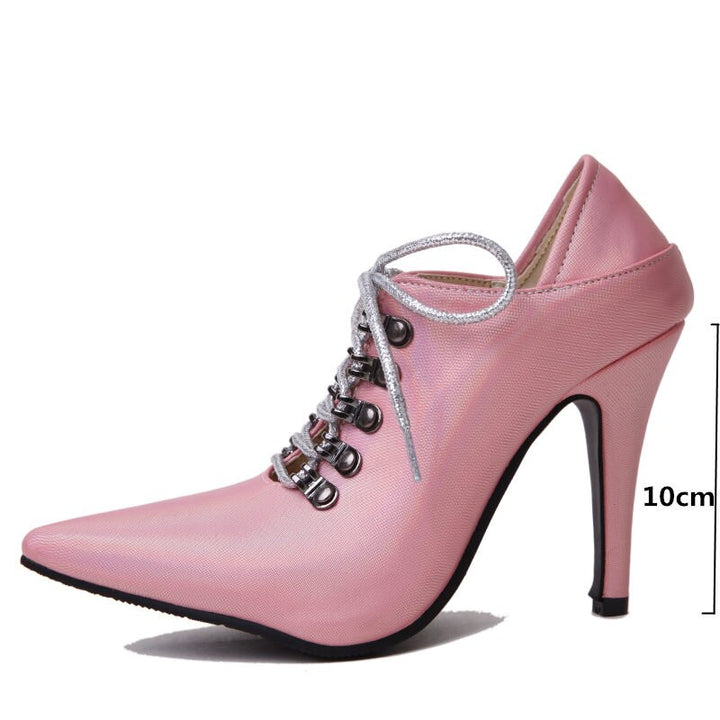 Lace-Up Ankle Boots Women Pump Fashion Sexy Pointed Toe High Heel Pink White Party Wedding Shoes Ladies Short Boot Large Size