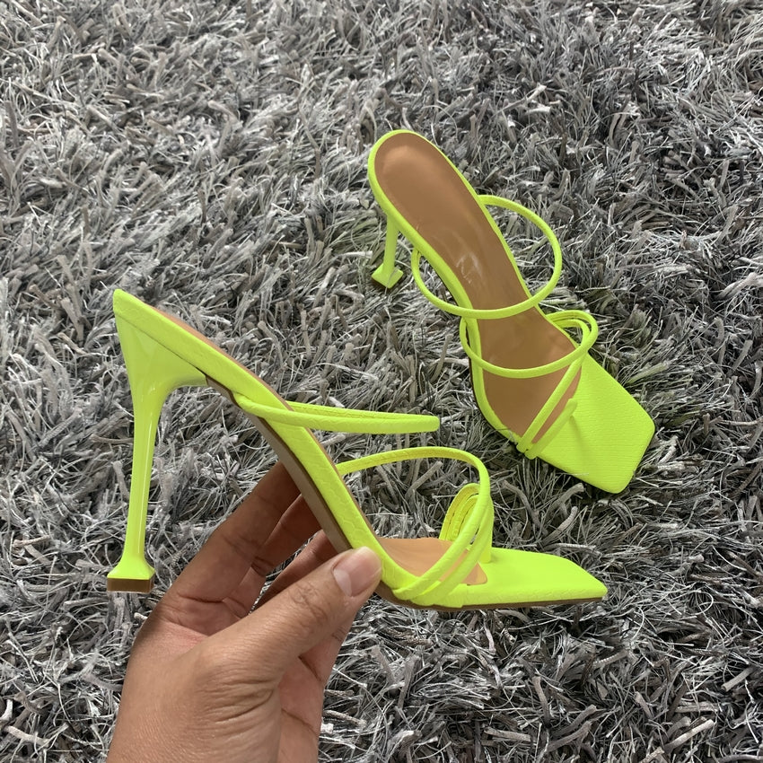 2020 Summer Women Sandals Square Toe Ladies Heel Mules Sexy Thin High Heels Sandals Slippers Female Fashion Woman Shoes 10.5CM