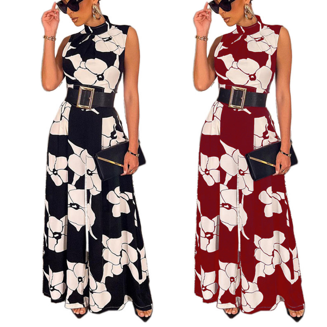 Elegant jumpsuit womens halter floral print long wide pants fashion rompers