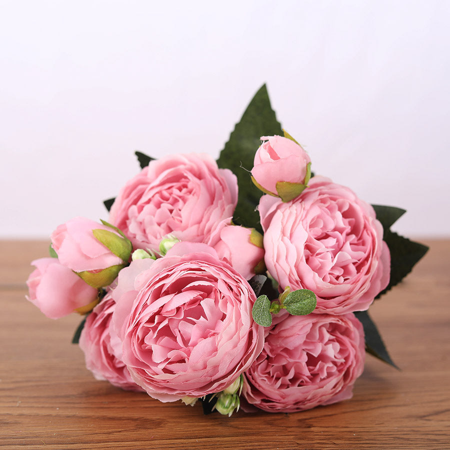 Rose pink silk bouquet peony artificial flowers 5 big heads 4 small bud bride wedding décor