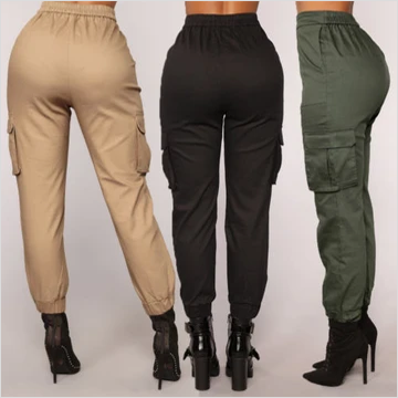 Stretch Waist Military Solid Cargo Trousers